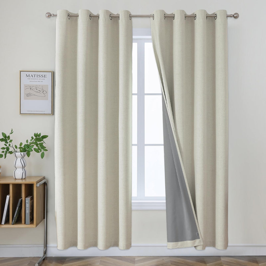 Joydeco Light Beige 90 Inch Blackout Curtains, Blackout Curtains 90 Inches Long For Living Room Bedroom, Thermal Insulated Linen