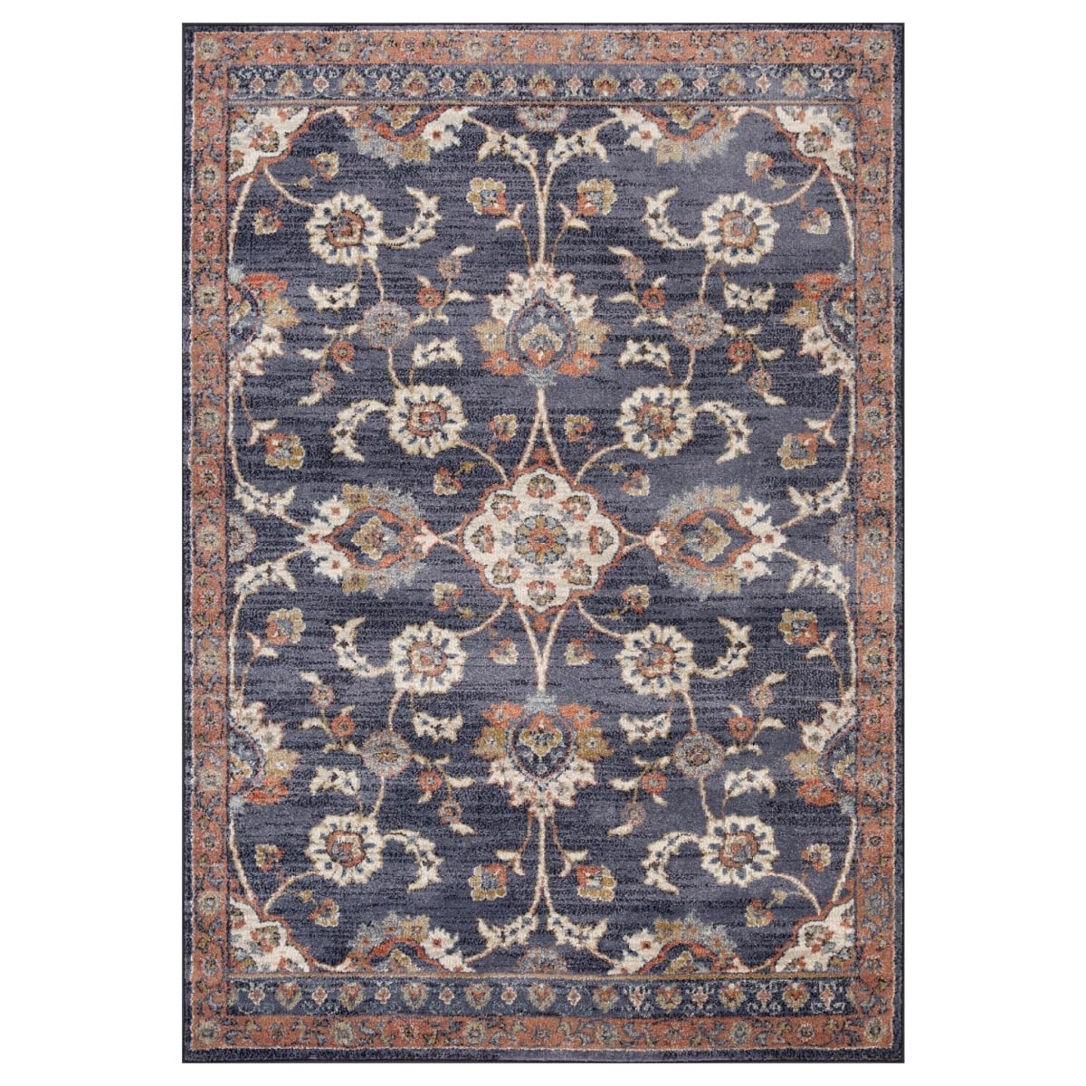 HomeRoots 532157 8 x 10 ft. Navy Blue Floral Traditional Power Loomed Rectangle Area Rug with Fringe