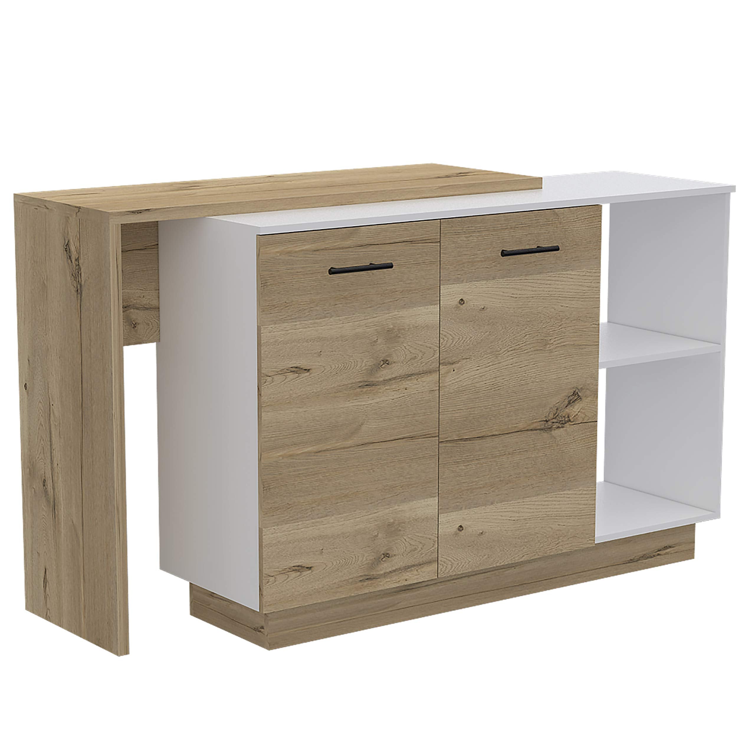 Creta Kitchen Island, Double Door Cabinets, 2 External Shelves, 3 Shelves, White/Light Oak