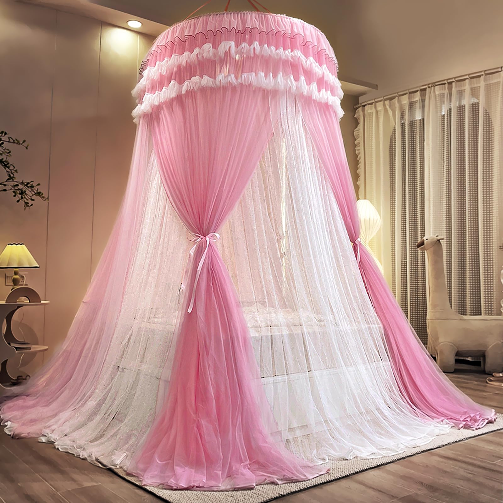 Kertnic Dreamy Bed Canopy For Girls, Princess Canopy Curtains Double Layer Sheer Mesh, Kids & Adults Canopies Netting Room Decor