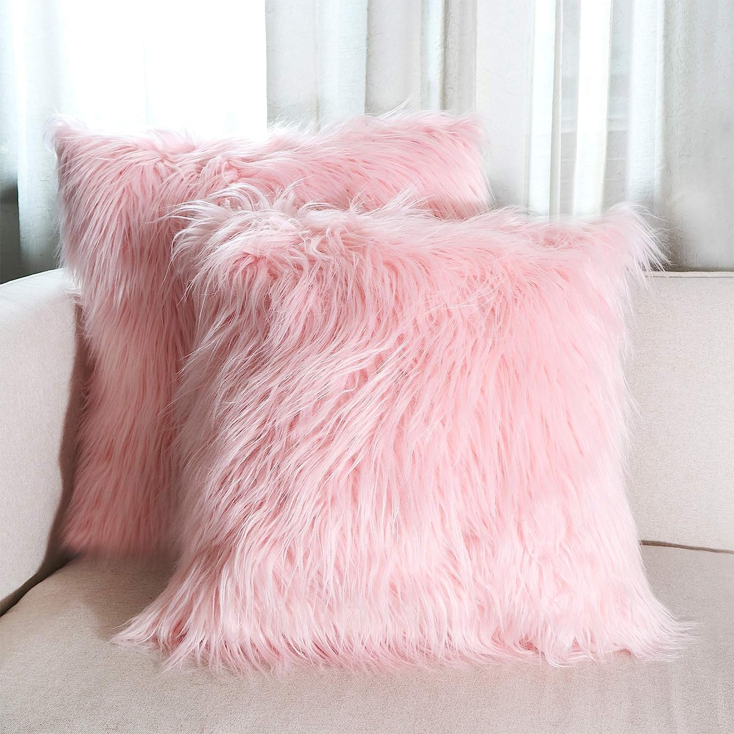 Ourwarm Set Of 2 Pink Fur Throw Pillows Fluffy Pillow Covers 18'X18', Faux Fur Pillow Covers Luxury Series Merino Style Decora