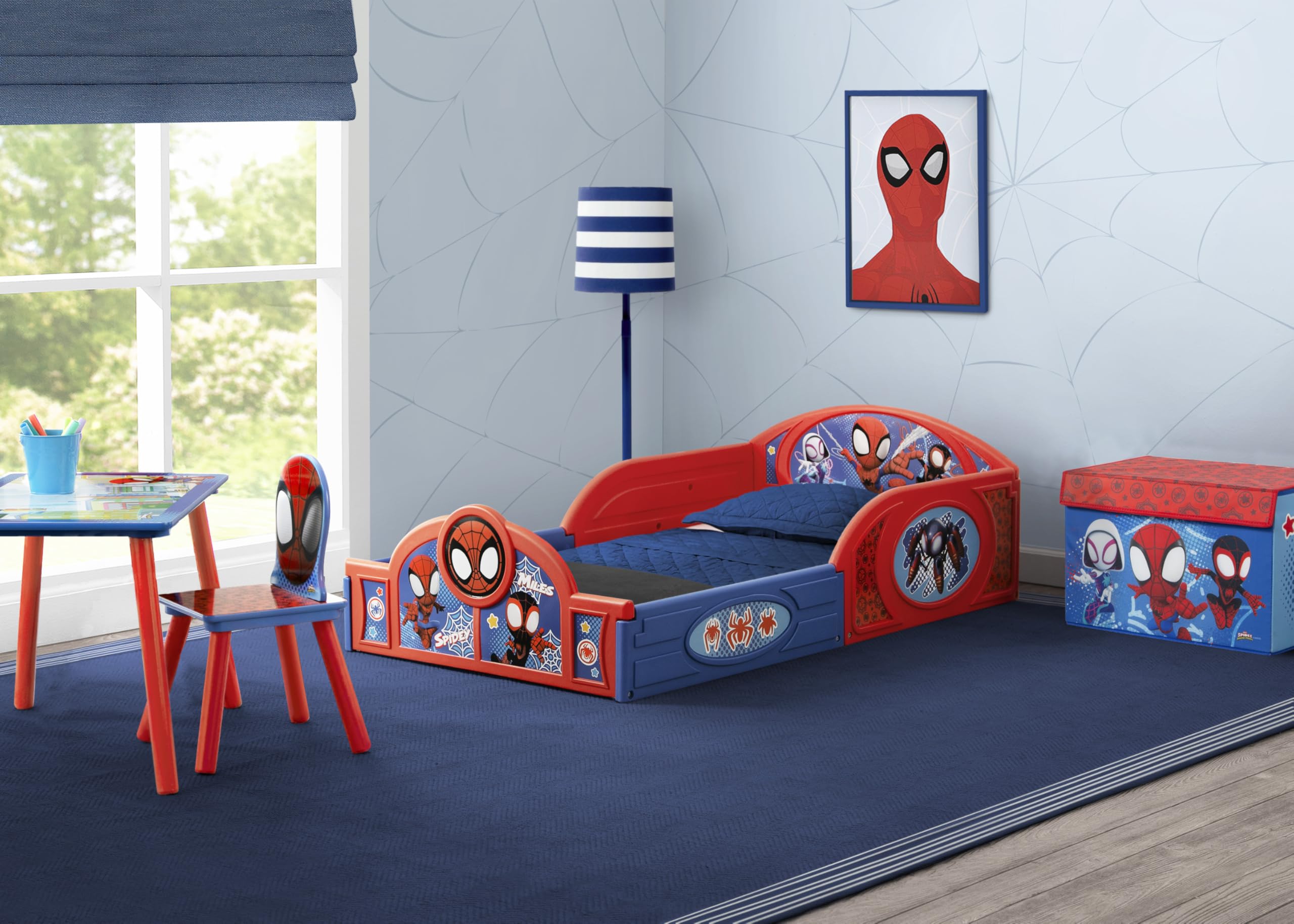 Delta Children - Marvel Spidey And His Amazing Friends 4-Piece Toddler Room-In-A-Box Set – Includes Sleep And Play Toddler Bed, Table, 1 Chair And Fabric Toy Box, Blue/Red