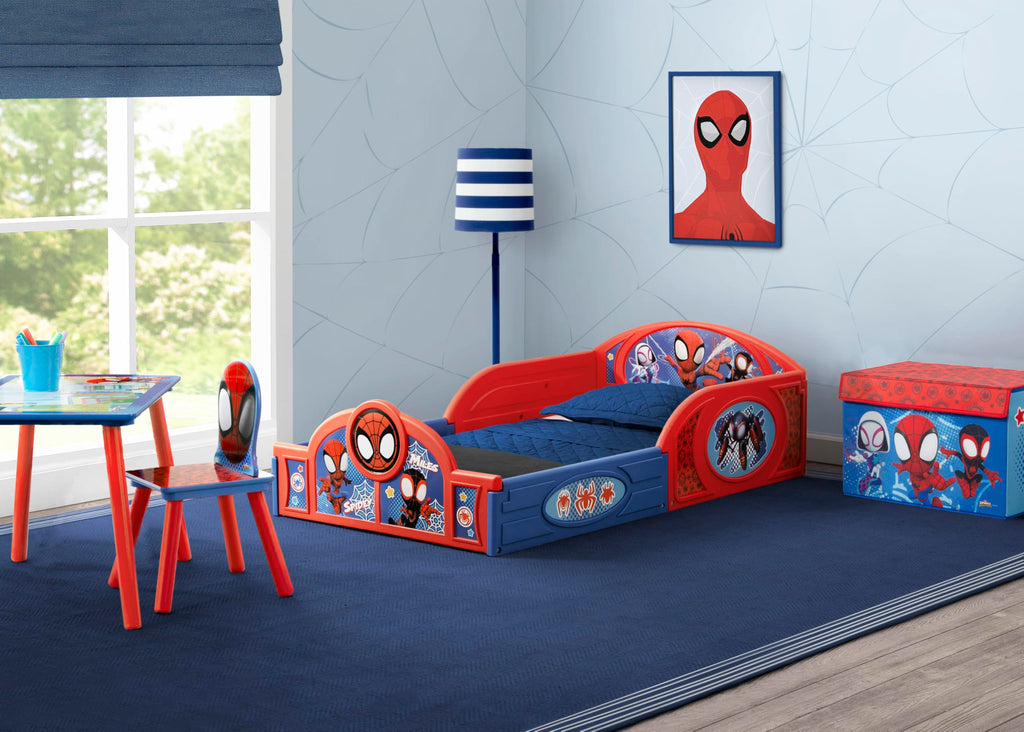 Delta Children Marvel Spidey and His Amazing Friends Toddler Bed, Table, Chair and Toy Box Set Blue/Red Wood