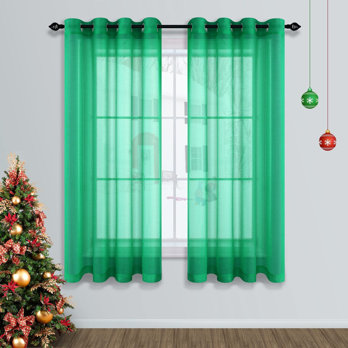 Mrs.Naturall Green Sheer Curtains 63 Inch Length For Bedroom Grommet 2 Panel Set Christmas Decor Window Voile Drapes For Living