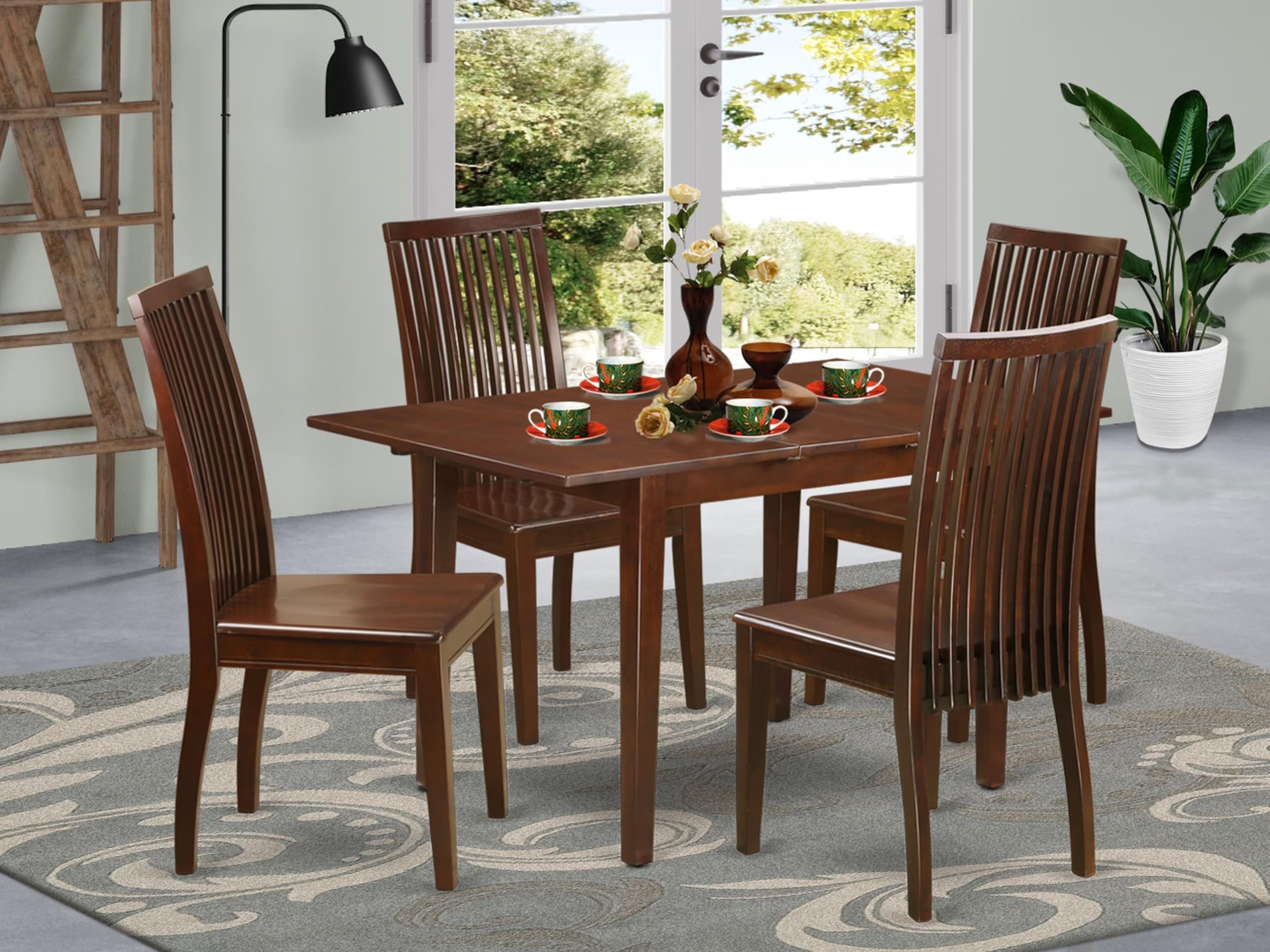East West Furniture NOIP5-MAH-W 5 Piece Kitchen Table & Chairs Set Includes a Rectangle Dining Room Table with Butterfly Leaf and 4 Dining Chairs, 32x54 Inch, Mahogany