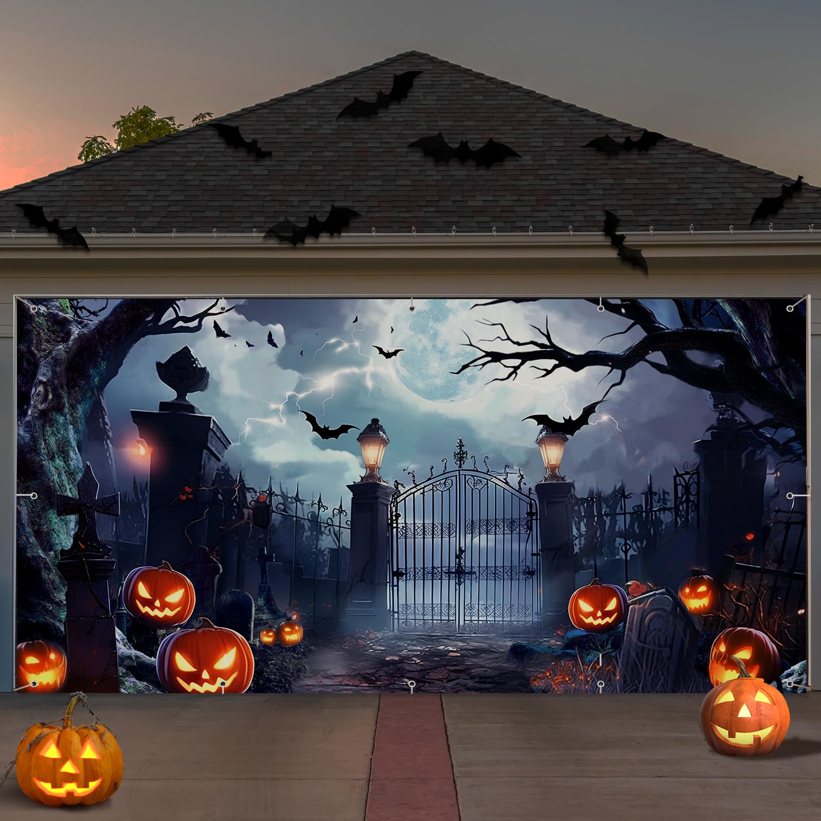 Preboun Halloween Garage Door Banner Large Hanging Backdrop Door Cover Halloween Garage Wall Decorations For Outdoor Holiday (8