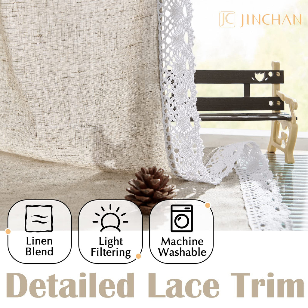 Jinchan Linen Blend Curtains 90 Inches Long 2 Panels Farmhouse Curtains With Lace Trim For Living Room Taupe Rustic Curtains Rod Pocket Back Tab Light Filtering Curtains Bedroom Window Curtain Set