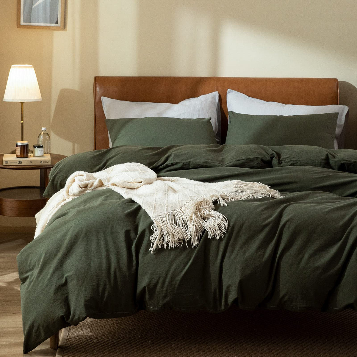 Dark Green King Duvet Cover, 100% Washed Cotton Linen Like Textured Green King Bedding Set, 1 Duvet Cover With 2 Pillowcases, Wi