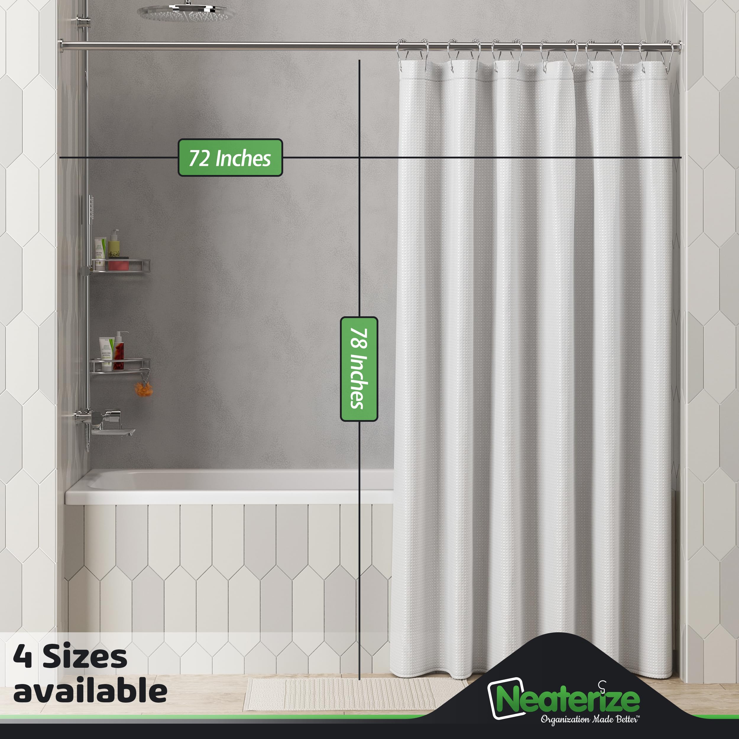 Neaterize Shower Curtain White - Hotel Style Shower Curtains For Bathroom With Waffle Design, 72X78 Inches - White Fabric Shower