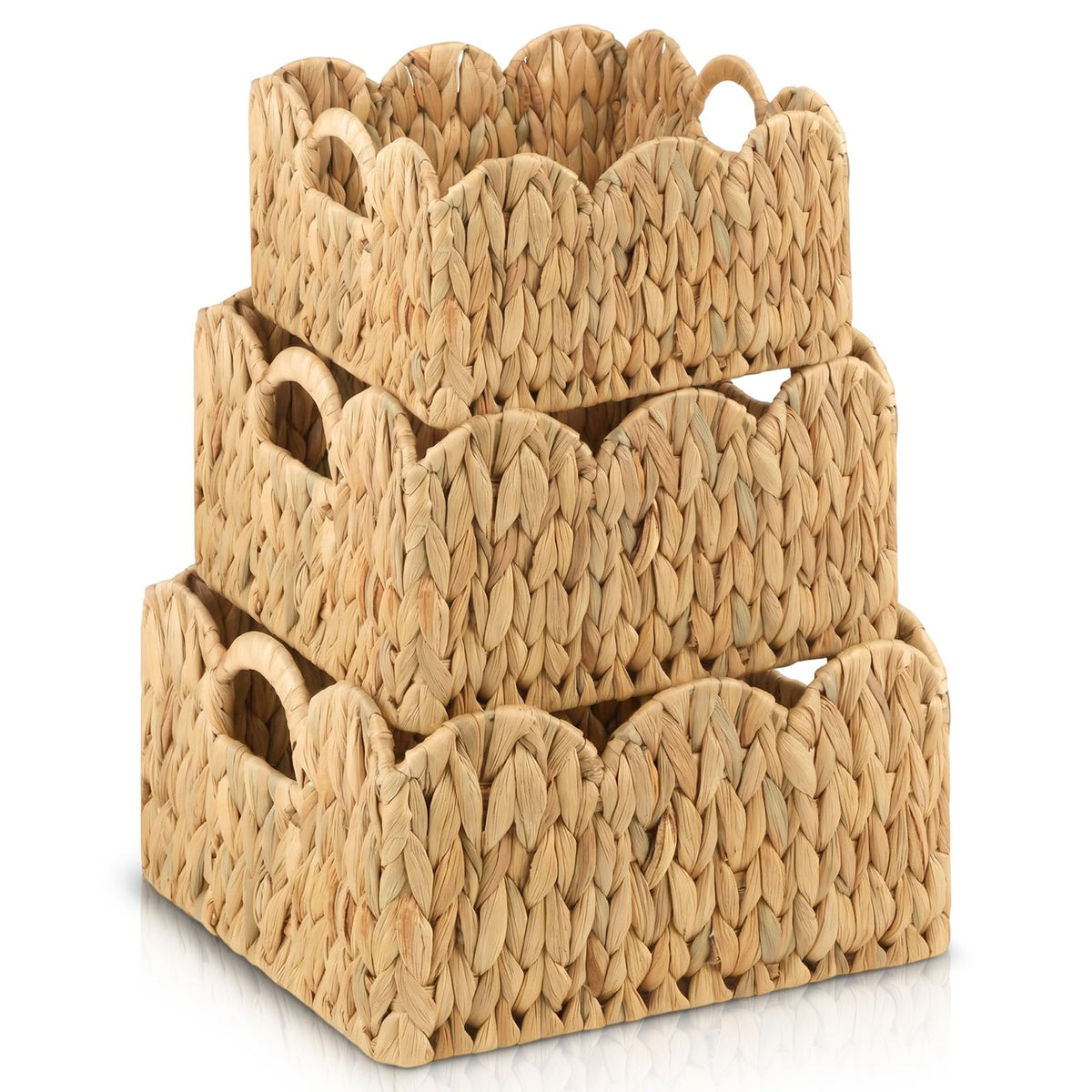 GVKGVK 3 Pack Scalloped Edge Basket Hand Woven Wicker Storage Baskets Rattan Baskets with Handles for Organizing and Storage