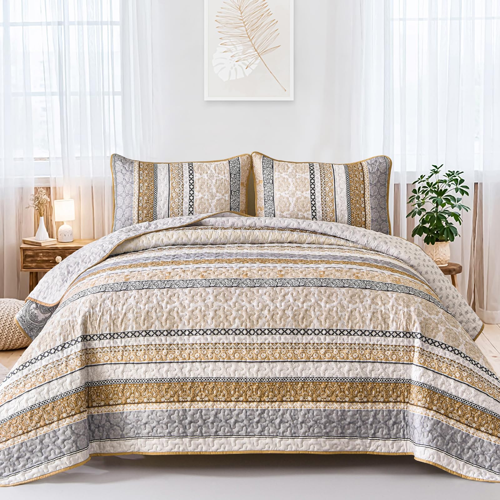 Wongs Bedding Boho Quilt Set King Size, Brown Bohemian 3 Pieces Fall Quilt Sets, Lightweight Summer Bedspread Coverlet Bedding S