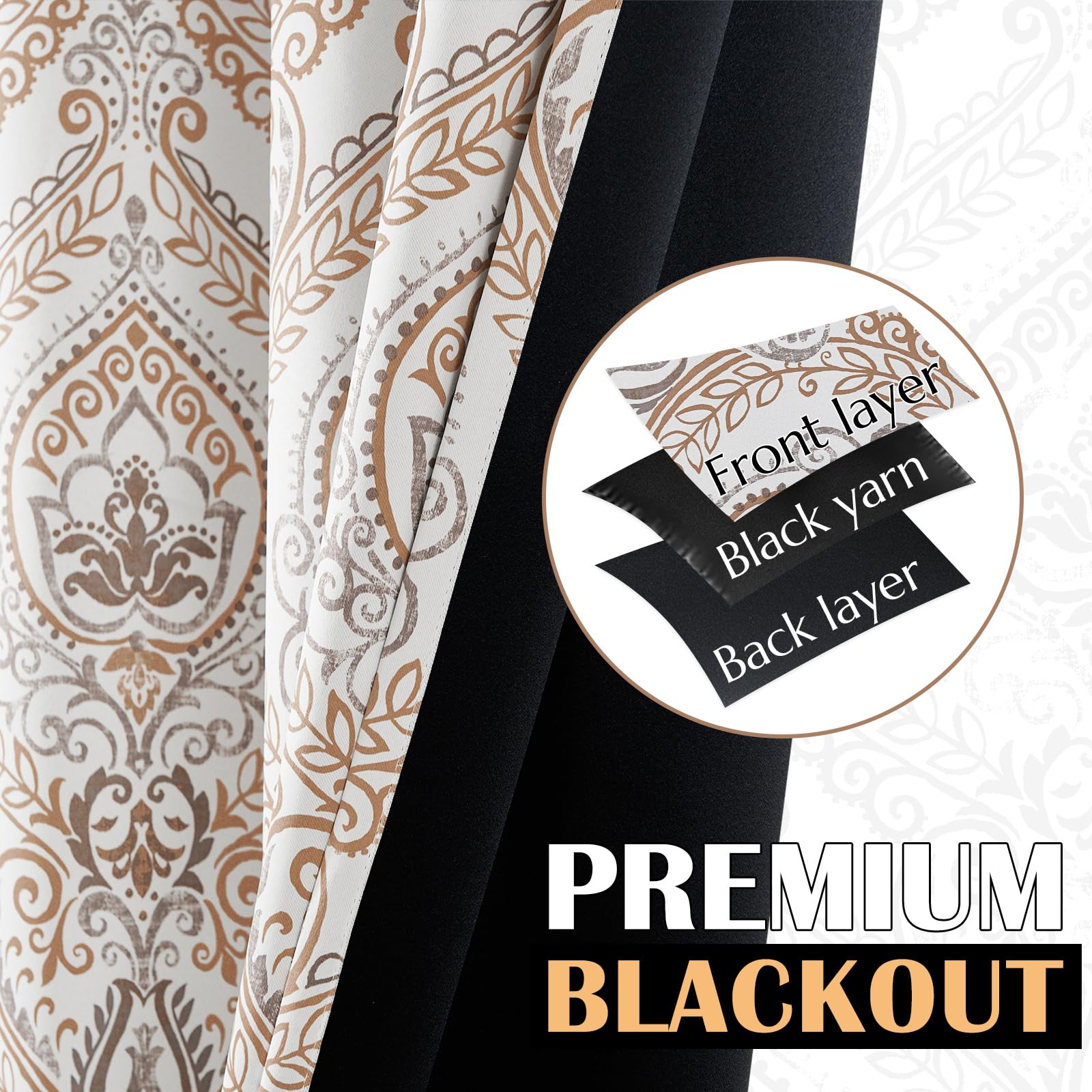 Jinchan 100% Blackout Curtains 84 Inches Long Brown Damask Medallion Window Curtains For Bedroom Grommet Thermal Insulated Drapes For Living Room Vintage Luxury Window Treatments Set 2 Panels