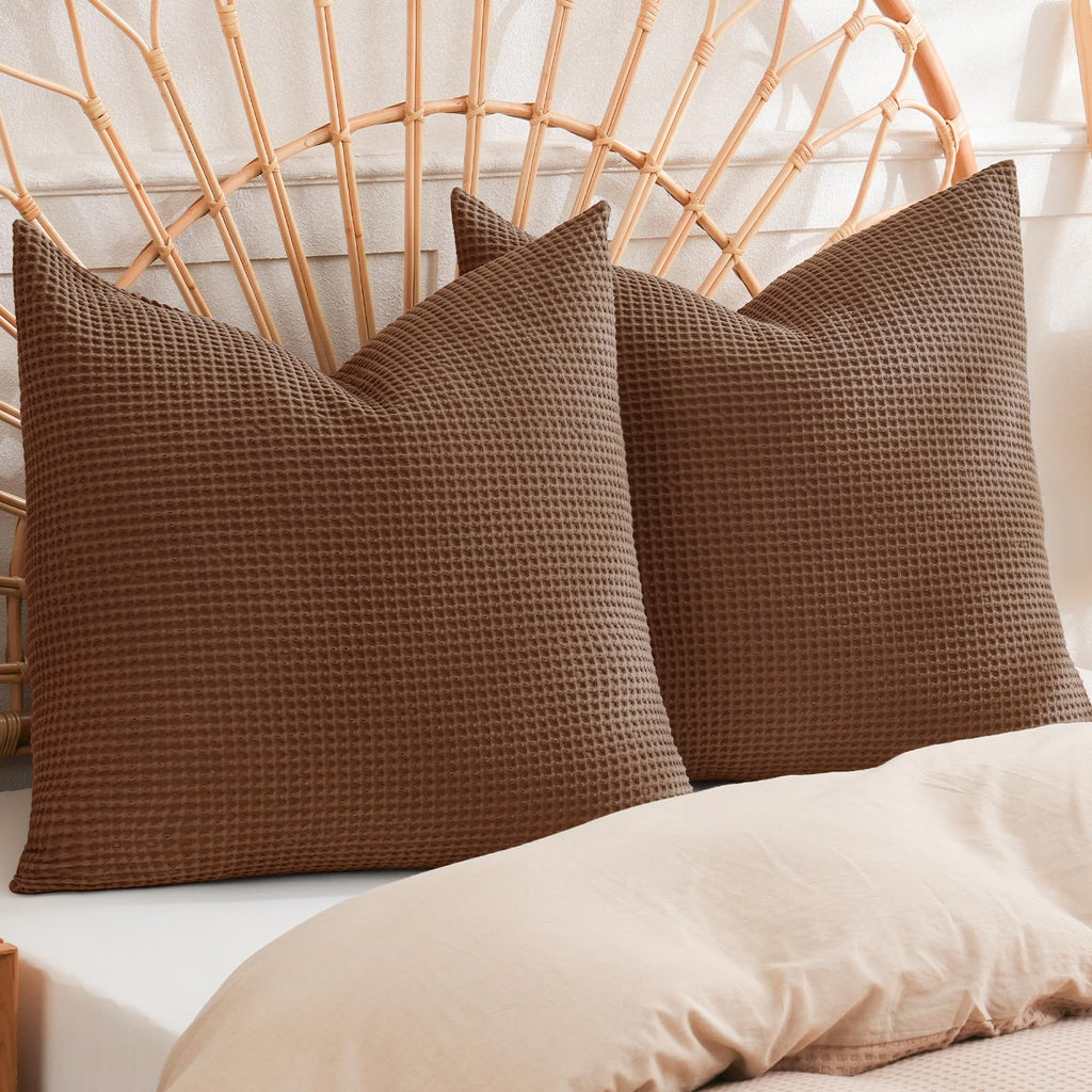 Phf 100% Cotton Waffle Weave Throw Pillow Cover, 24' X 24', No Filling, 2 Pack Elegant Home Decorative Square Throw Pillow Covers For Bed Couch Sofa, Cappuccino