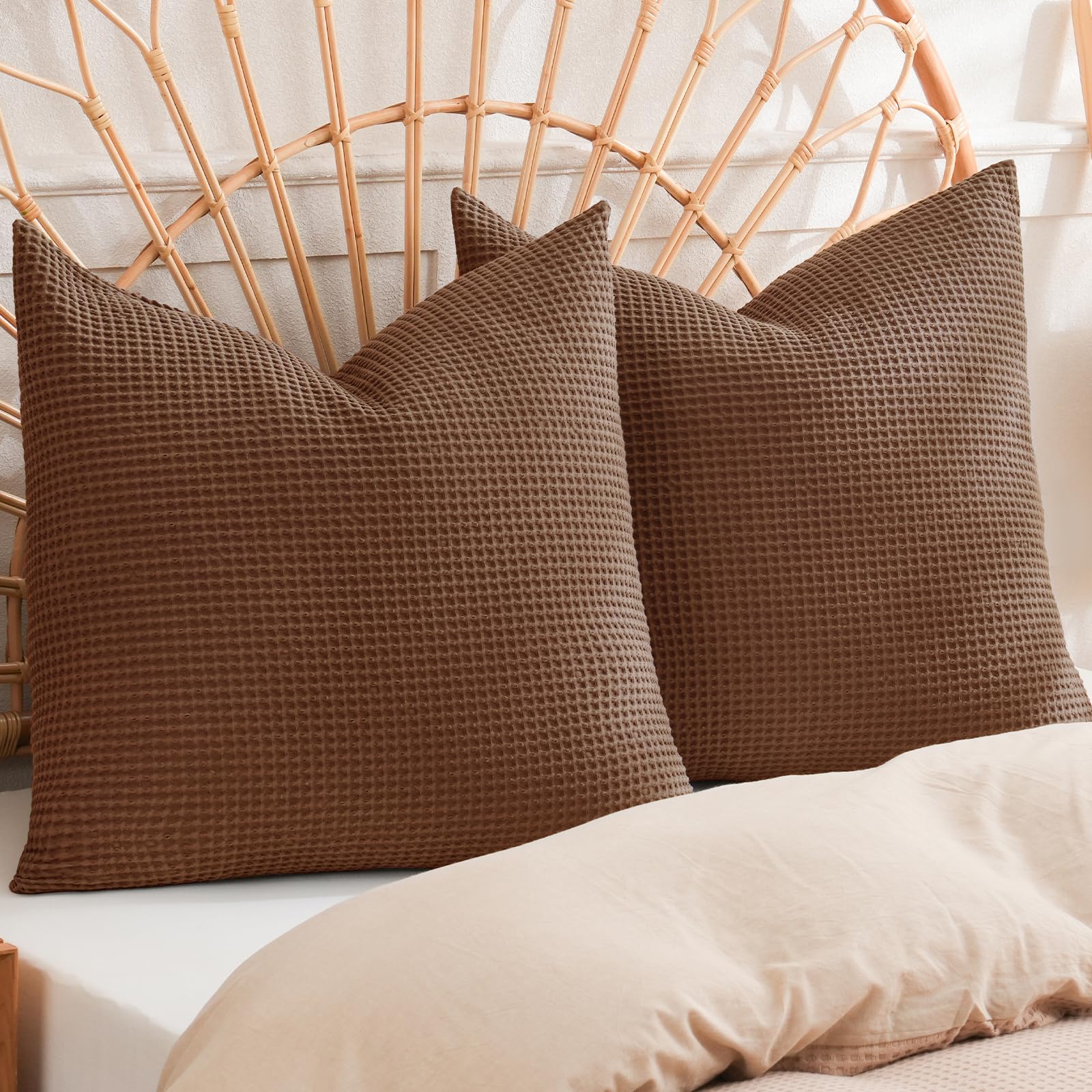 Phf 100% Cotton Waffle Weave Throw Pillow Cover, 24' X 24', No Filling, 2 Pack Elegant Home Decorative Square Throw Pillow Covers For Bed Couch Sofa, Cappuccino