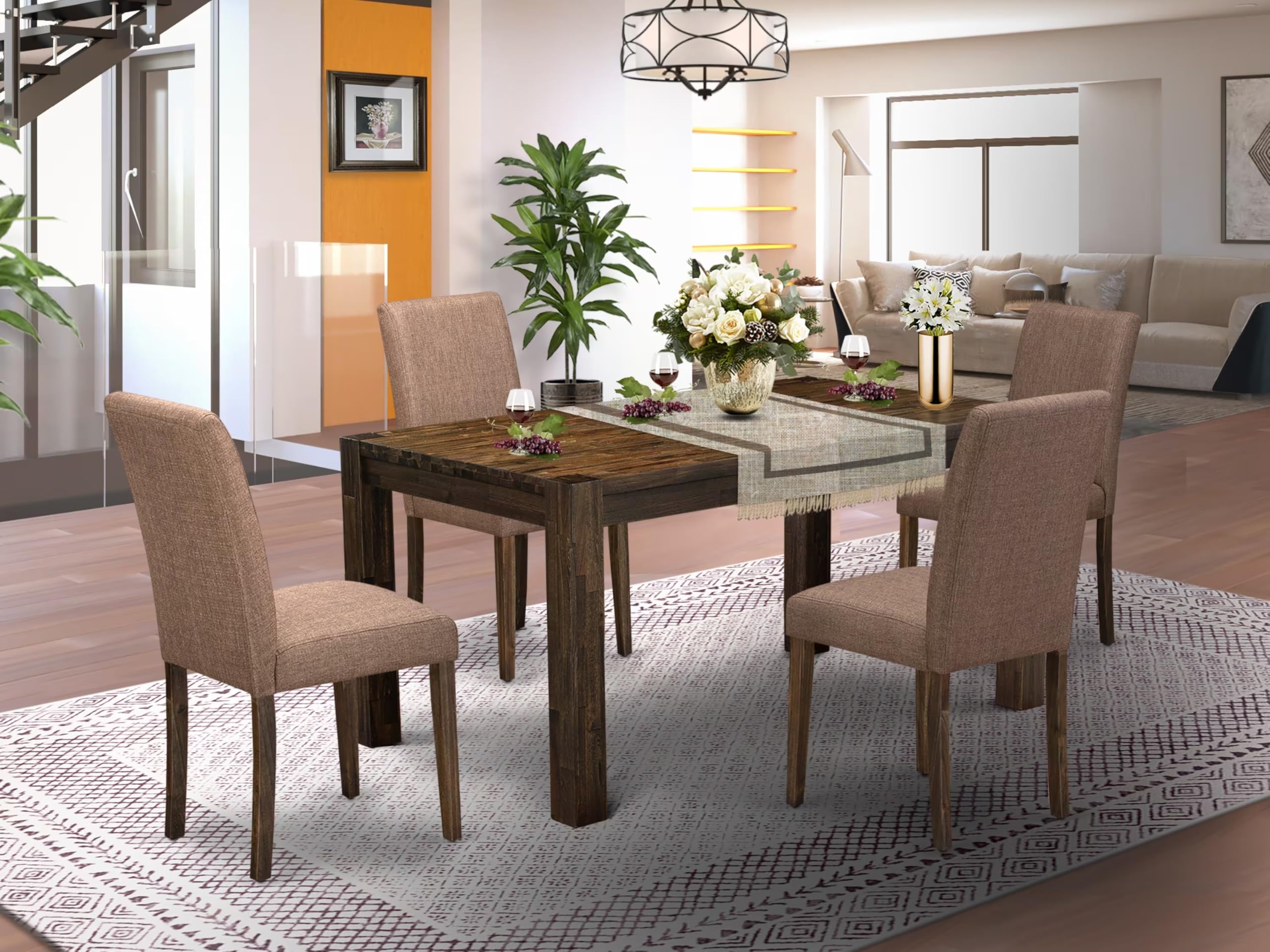 East West Furniture Cnab5-77-47 5 Piece Dining Table Set Includes A Rectangle Rustic Wood Dining Room Table And 4 Light Sable Linen Fabric Parsons Chairs, 36X60 Inch, Jacobean