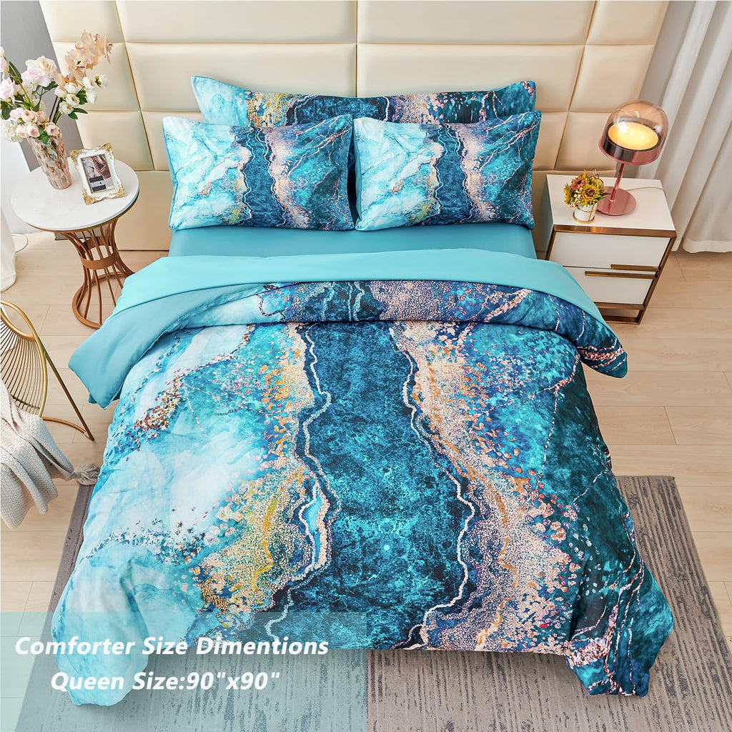 Perfemet 6 Pcs Teal Marble Comforter Set Queen Watercolor Marble Printed Quilt Set Luxury Retro Artwork Style Teal And Gold Bed