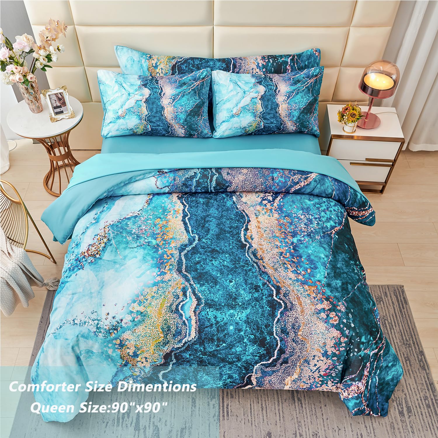 Perfemet 6 Pcs Teal Marble Comforter Set Queen Watercolor Marble Printed Quilt Set Luxury Retro Artwork Style Teal And Gold Bed