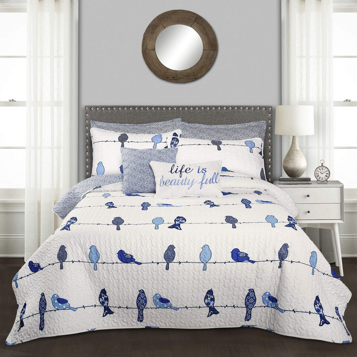 Lush Decor Rowley Birds Quilt Set, 7 Piece Set, King, Navy - Reversible Bird Bedding Set With Pillow Cases & Throw Pillows - Col