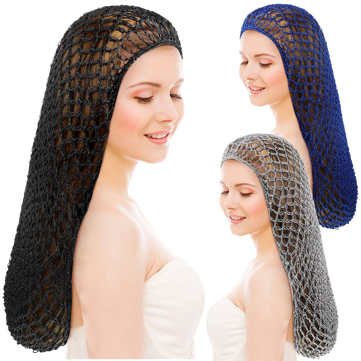 Waydress 3 Pcs Mesh Crochet Hair Net Rayon Knit Snood Hat Cover 20 Inch Crocheted Sleeping Cap for Women Long Hair Curly Hair(Bl