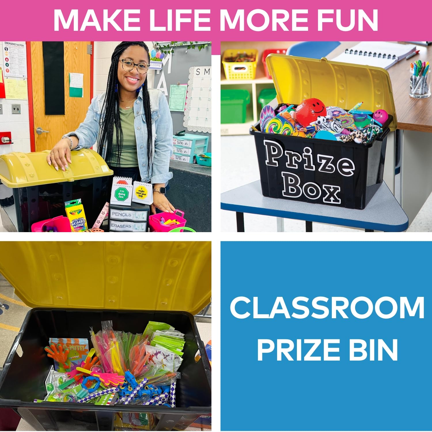 Fun Express Large Plastic Toy Treasure Chest - Doctor'S And Dentist Office Toy Incentives, Teacher'S And Classroom Treasure Box Toy Storage - 1 Box, Black And Gold, 19' X 11 1/2' X 11'