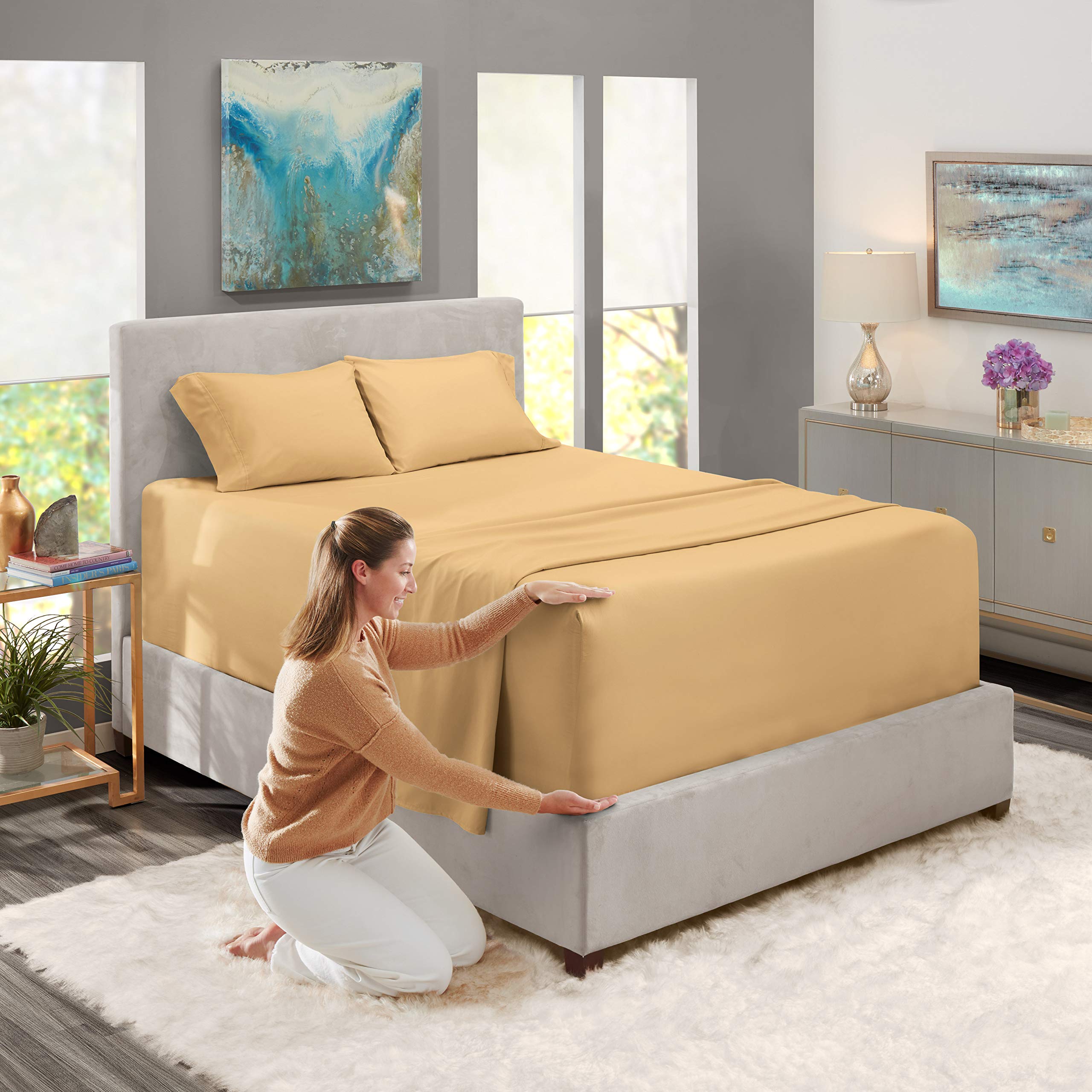 Nestl Extra Deep Pocket Sheets - Fits Mattress 18-24 Inches Deep, Extra Deep Pocket Queen Sheets Sets, 4 Piece Queen Size Sheets, Queen Sheets Deep Pocket, Camel Gold Queen