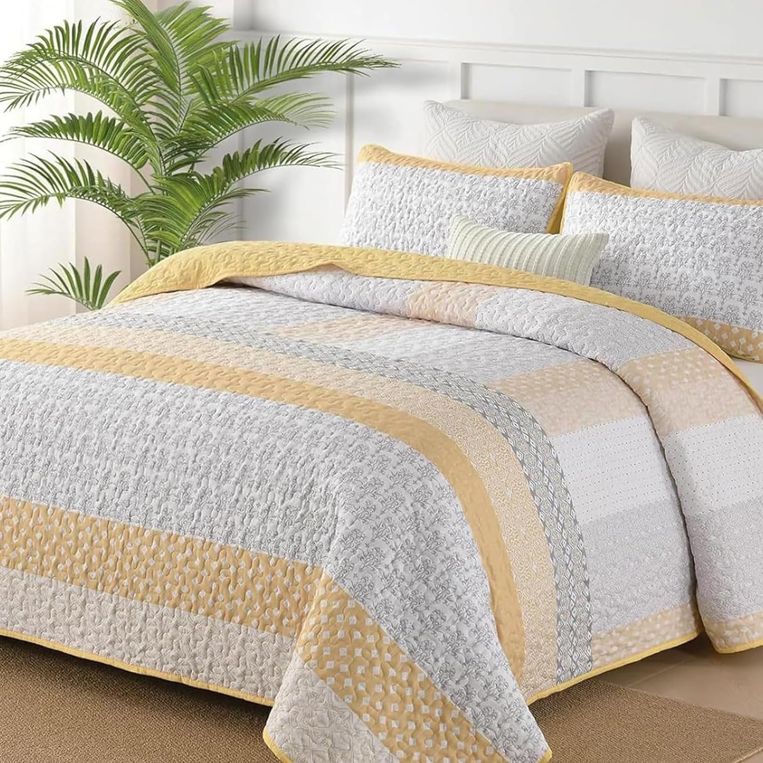 Wongs Bedding Yellow Quilt Full Size, Bohemian Stripe Quilt Sets 3 Pieces Boho Quilted Bedspread Set Lightweight Microfiber Cove