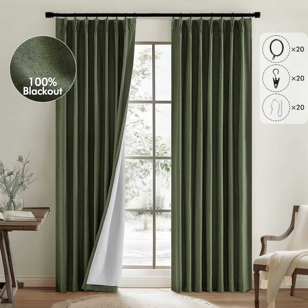 MIULEE Olive Green Pinch Pleated 100% Blackout Linen Curtains 108 Inch Long 2 Panels Set, Dark Green Pleat Curtains with Pin Hoo