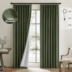 MIULEE Olive Green Pinch Pleated 100% Blackout Linen Curtains 90 Inch Length 2 Panels Set, Dark Green Pleat Curtains with Pin Ho