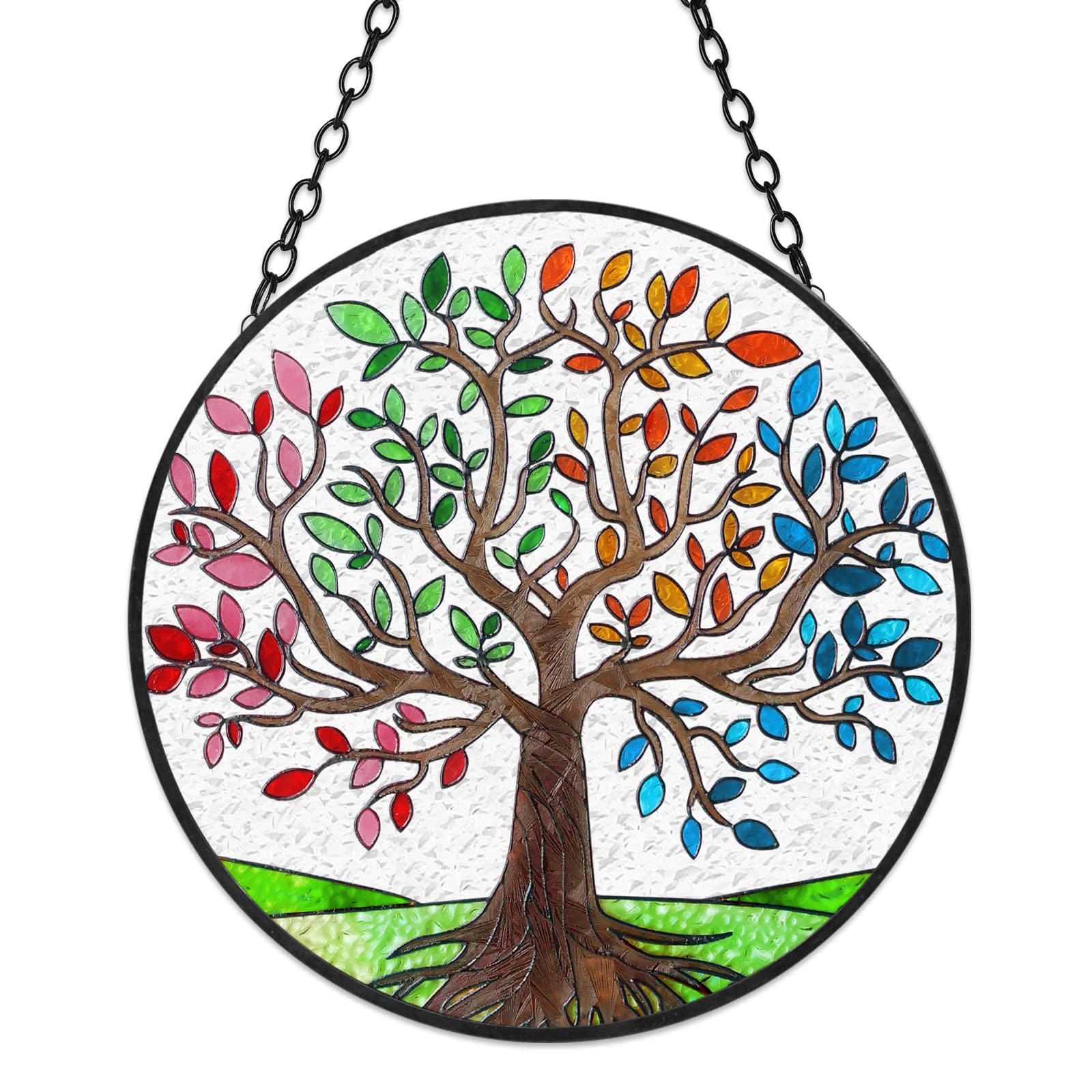 Tuitessine Tree of Life Stained Glass Suncatcher Four Season Theme Colorful Leaves Window Wall Hanging Ornament Hand-Painted Gla