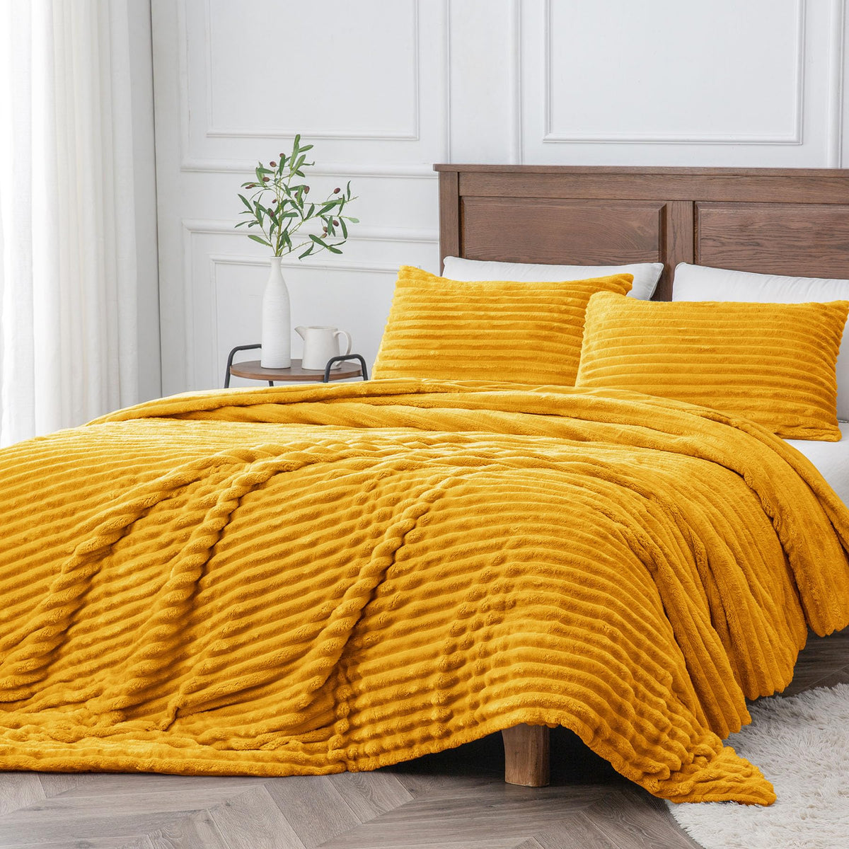 Bedelite Fleece Twin Comforter Set -Super Soft & Warm Fluffy Mustard Yellow Bedding, Luxury Fuzzy Heavy Bed Set For Winter With