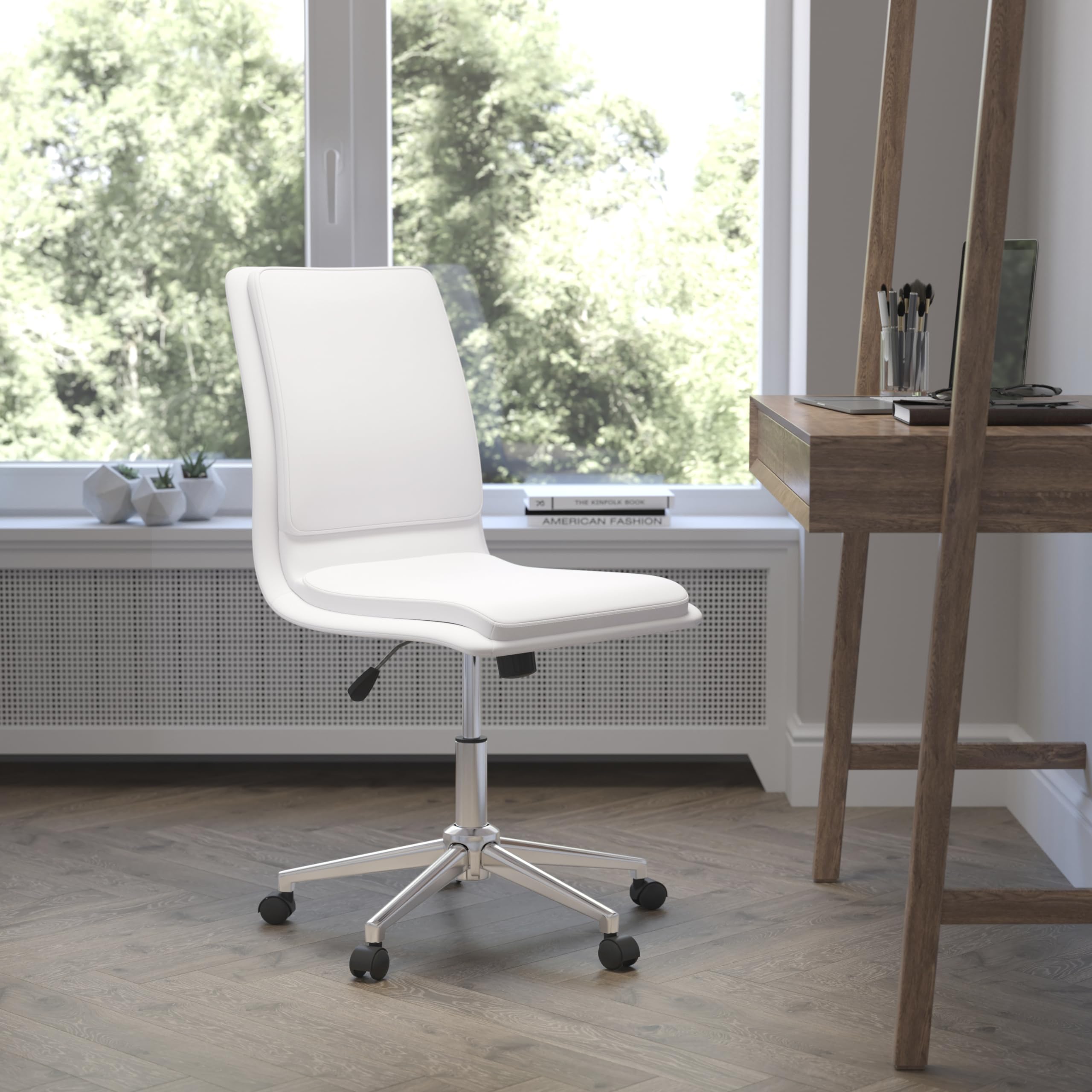 Flash Furniture Madigan Task Office Chair - Luxurious White Leathersoft Upholstery - Padded Mid-Back And Seat - Height Adjustable Chrome Base - Armless