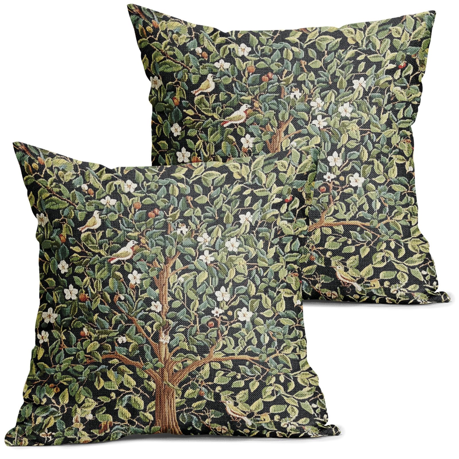Green Tree Pillow Covers 18X18 Inch Set Of 2 Watercolor Forest Bird Floral Leaves Decorative Pillow Cases Spring Vintage Leaf Fl