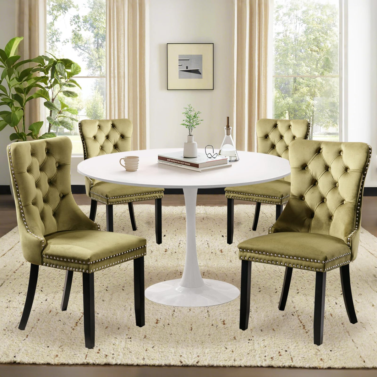 Soartalent 5-Piece 42' Round Dining Table Set For 4, White Table & 4 Olive Green Velvet Upholstered Dining Chairs, Modern Style