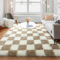 KICMOR 5x7 Beige and Cream White Area Rugs Fluffy Living Room Carpet, Large Fuzzy Checkered Shag Rug for Bedroom Aesthetic, Soft