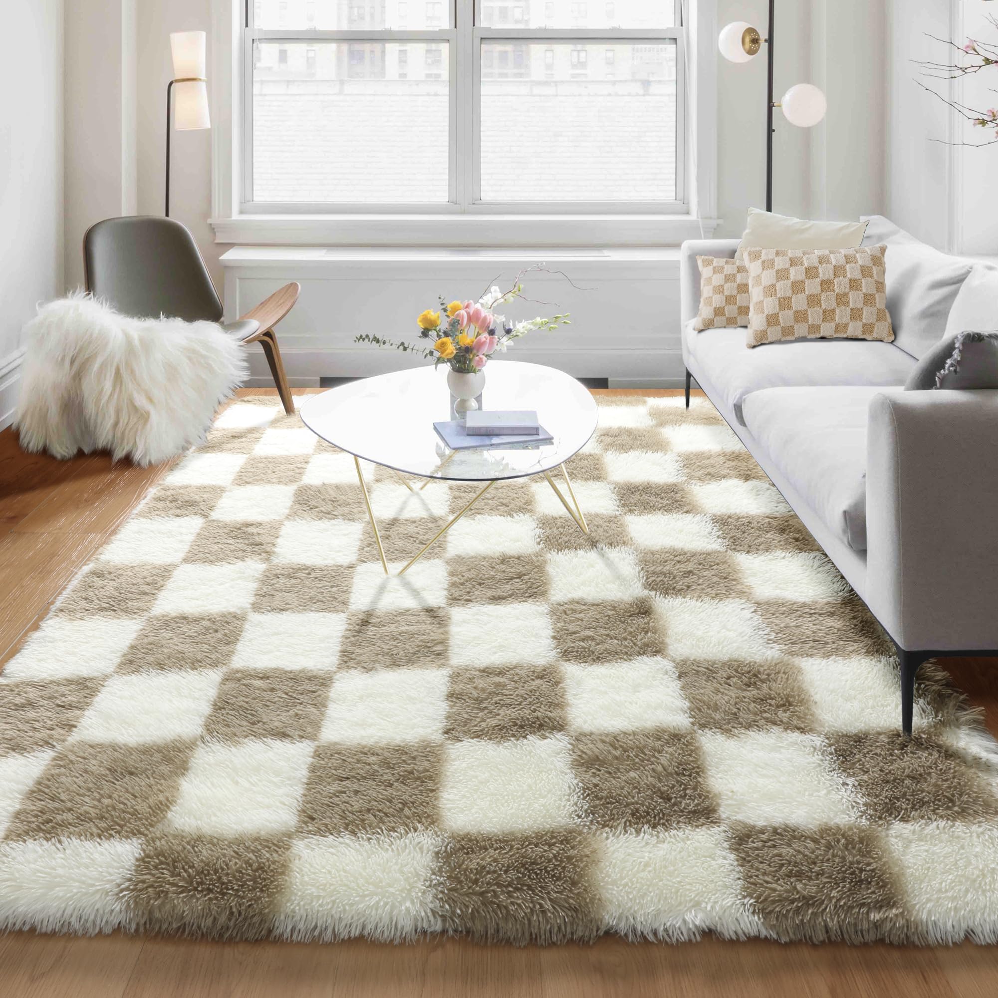 KICMOR 5x7 Beige and Cream White Area Rugs Fluffy Living Room Carpet, Large Fuzzy Checkered Shag Rug for Bedroom Aesthetic, Soft