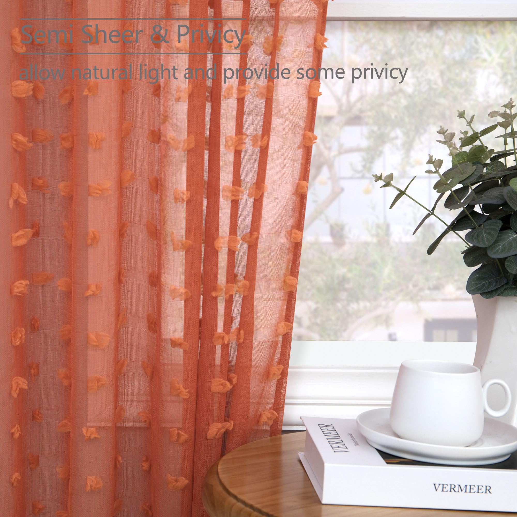 Dancurton Rust Orange Sheer Curtains 96 Inches Long 2 Panels Living Room 52 Inch Width Boho Farmhouse Sheer Window Curtain Pom P