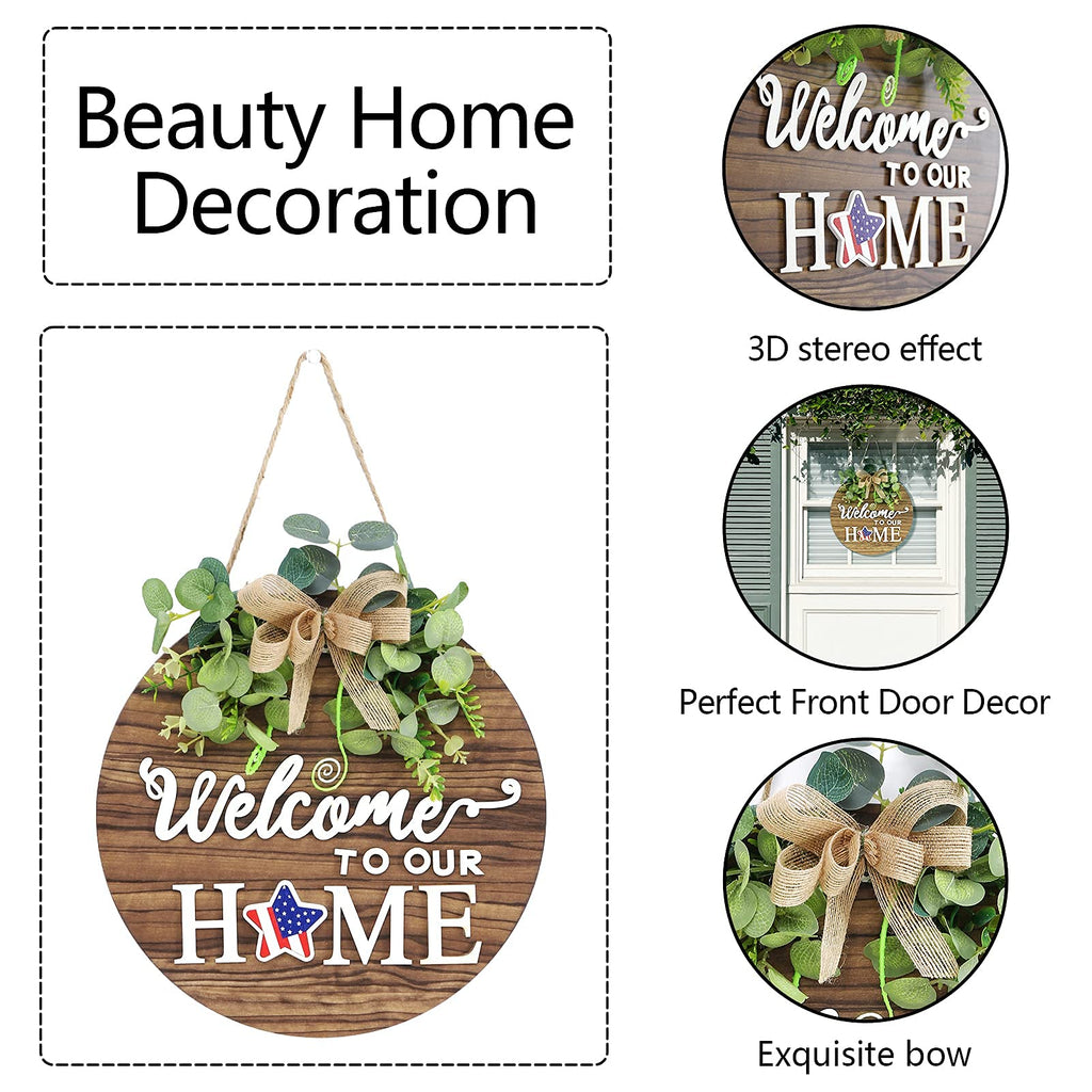 Interchangeable Seasonal Welcome Sign Front Door Decoration, Rustic Round Wood Wreaths Wall Hanging Outdoor, Farmhouse, Porch, F