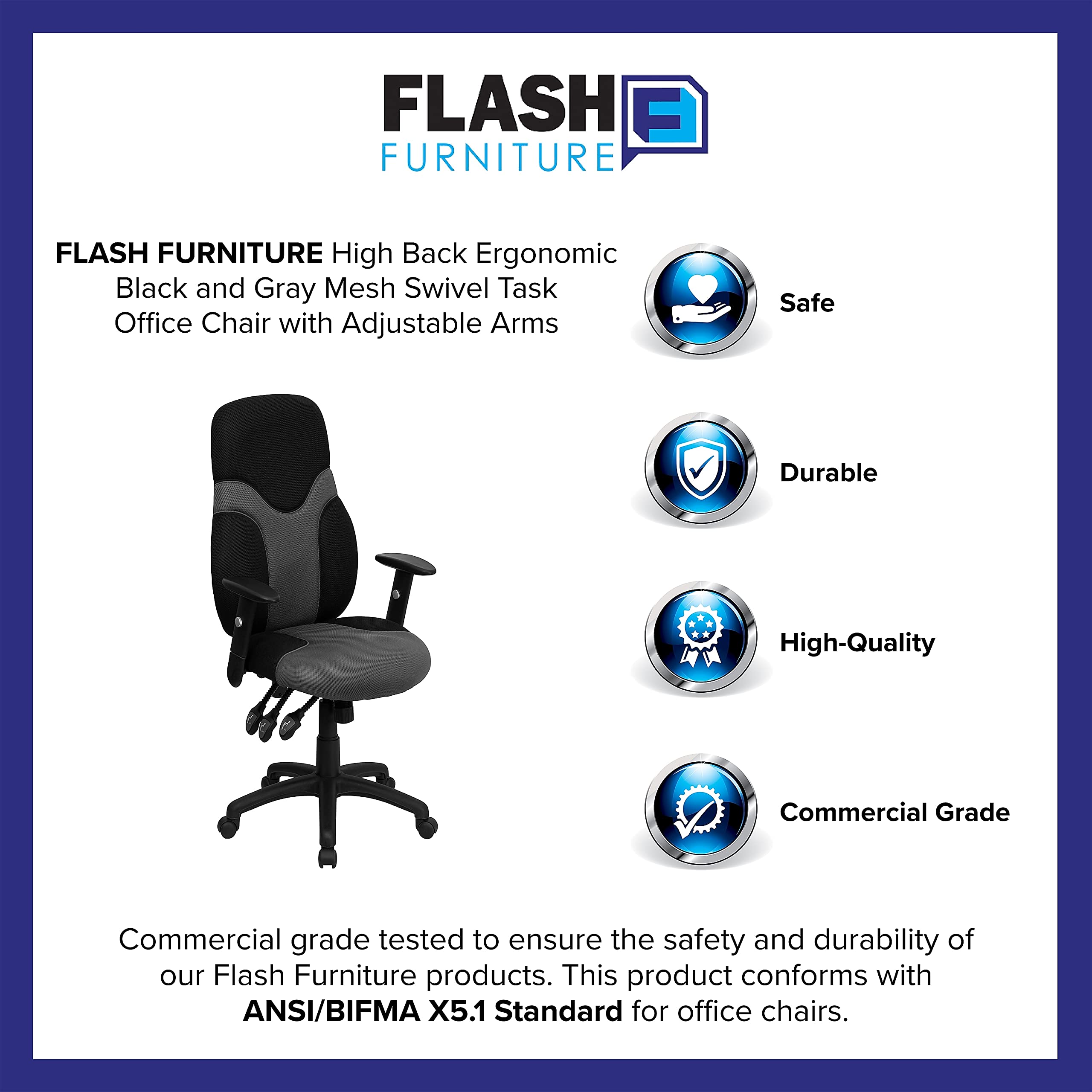 Flash Furniture Abbott High Back Ergonomic Black and Gray Mesh Swivel Task Office Chair with Adjustable Arms