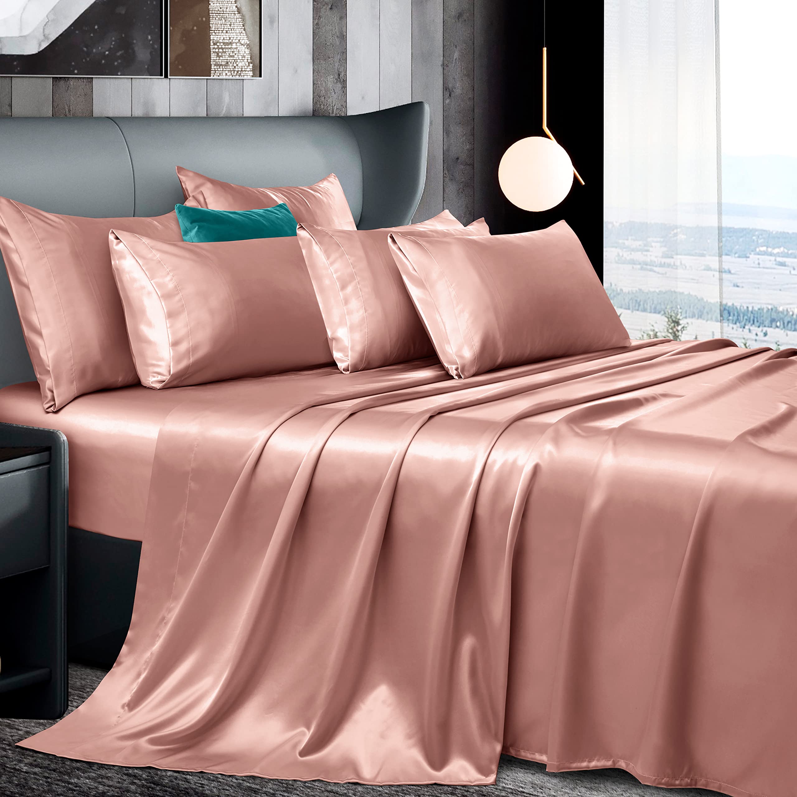 Manyshofu 7Pcs Rose Gold Satin Sheets King Size Silky Satin Bed Sheets Set, Luxurious & Soft Satin Bedding Set - 1 Satin Fitted