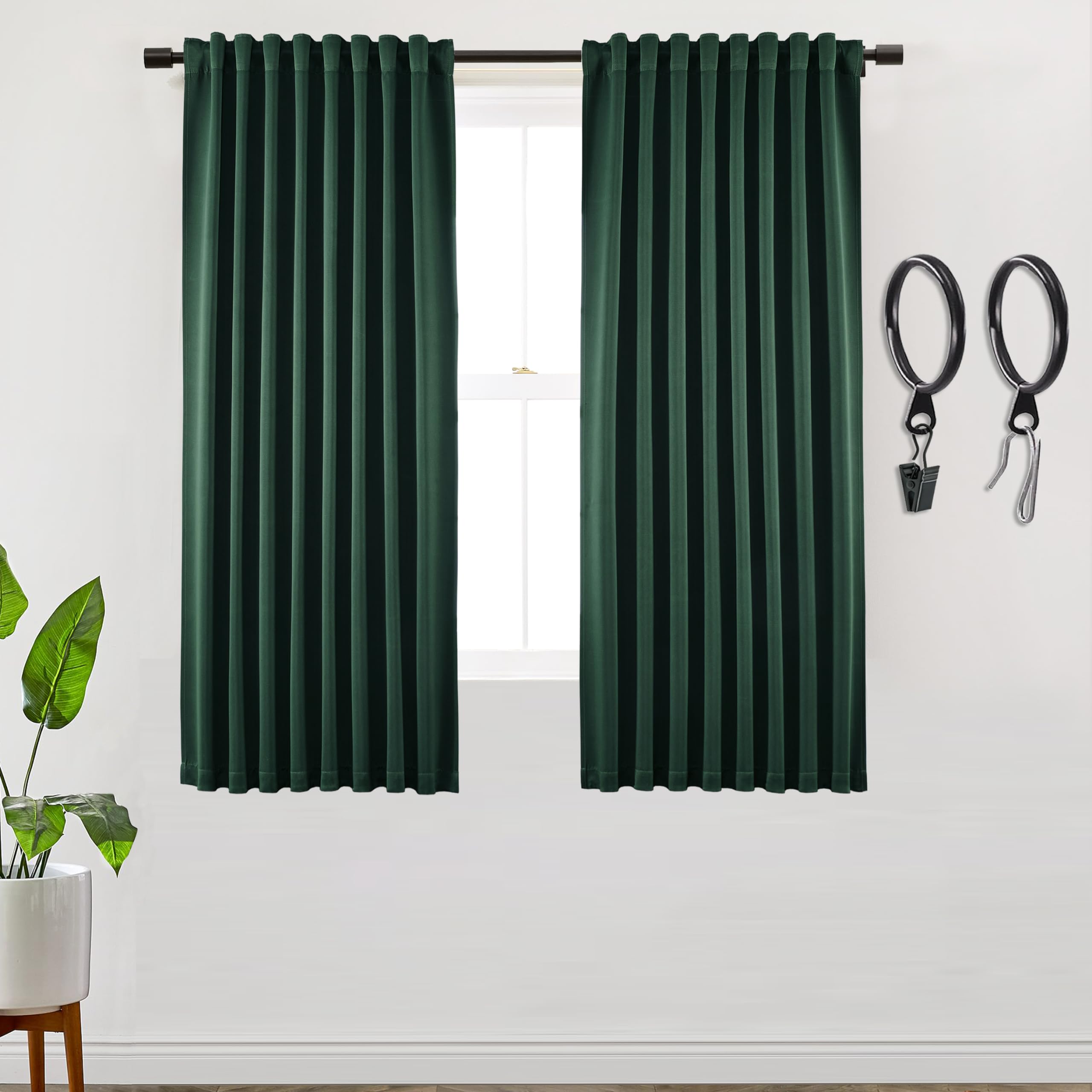 SHINELAND Dark Green Curtains 63 Inch Length for Living Room,2 Panels Set Back Tab Pleated Room Darkening Thermal Blackout Curta