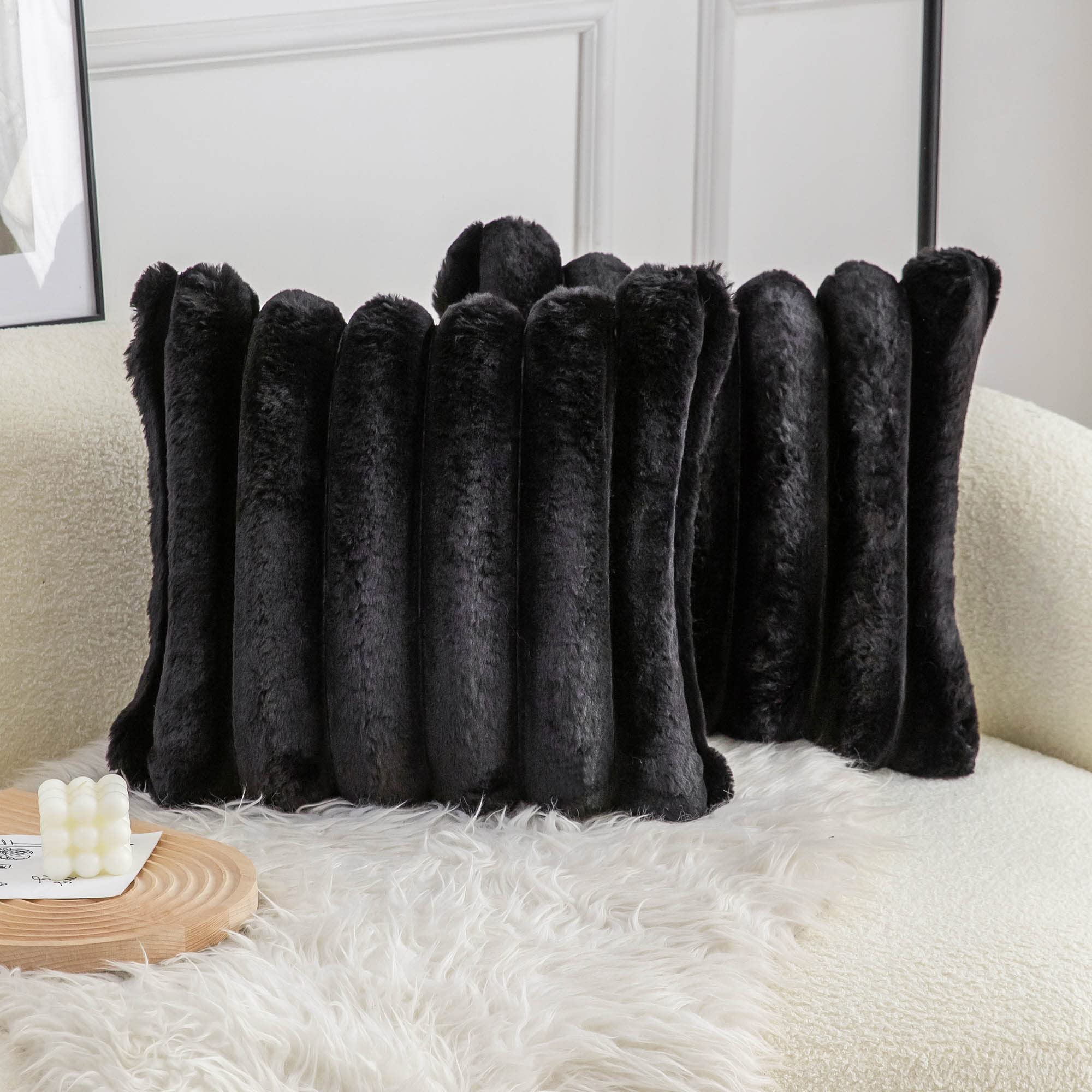 Neelvin Black Faux Fur Cozy Soft Striped Decorative Throw Pillow Covers 16X16 Inch Set Of 2,Velvet Pillowcase Cushion Case For S