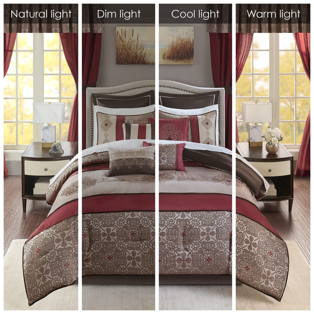 Madison Park Essentials Delaney 24-Piece Room In A Bag Comforter Set-Satin Jacquard, All Season Luxury Bedding, Sheets, Decorative Pillows And Curtains, Valance, King(104'X92'), Medallion Red