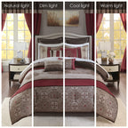 Madison Park Essentials Delaney 24-Piece Room In A Bag Comforter Set-Satin Jacquard, All Season Luxury Bedding, Sheets, Decorative Pillows And Curtains, Valance, King(104'X92'), Medallion Red