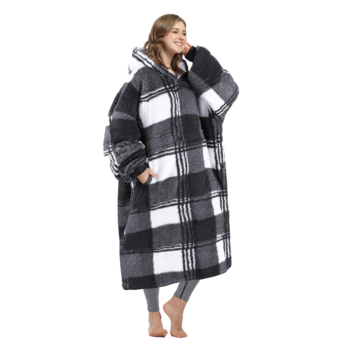 Catalonia Buffalo Plaid Black Oversized Blanket Hoodie Sweatshirt, Full Body Comfortable Sherpa Lounging Pullover For Adults, Gi