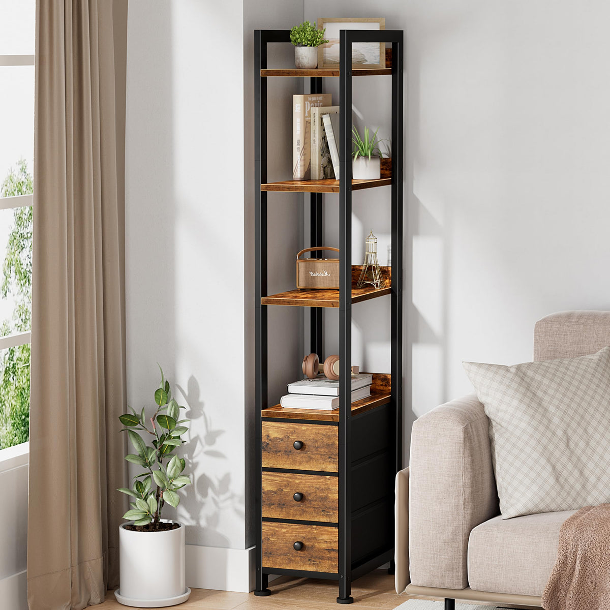 Kluvis Skinny Bookshelf For Narrow Spaces - Small Book Shelf With Drawers 4 Tier Thin Shelves Slim Bookshelves 3 Fabric Drawer 6
