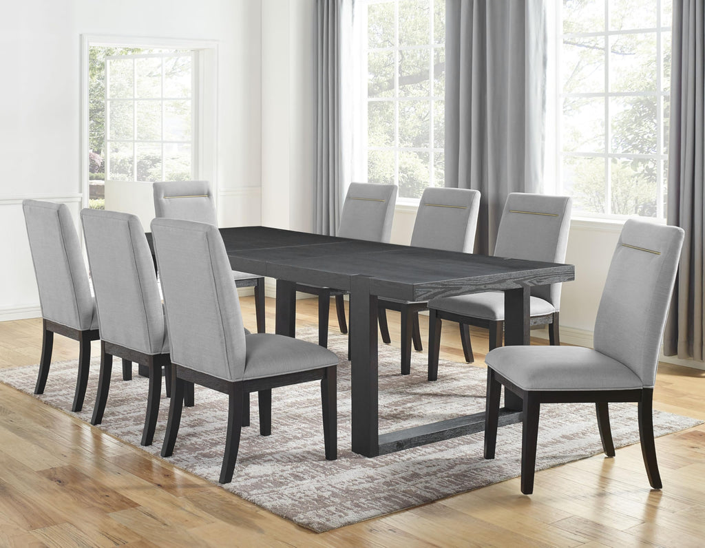 Steve Silver Furniture Yves 9pc Dining Table Set, 77-95" Table w/ 18" Leaf, 8 Yves Gray Performance Side Chairs, Contemporary Design, Double-Pedestal Sled Base, 77" L x 40" W x 30" H, Gray, Black