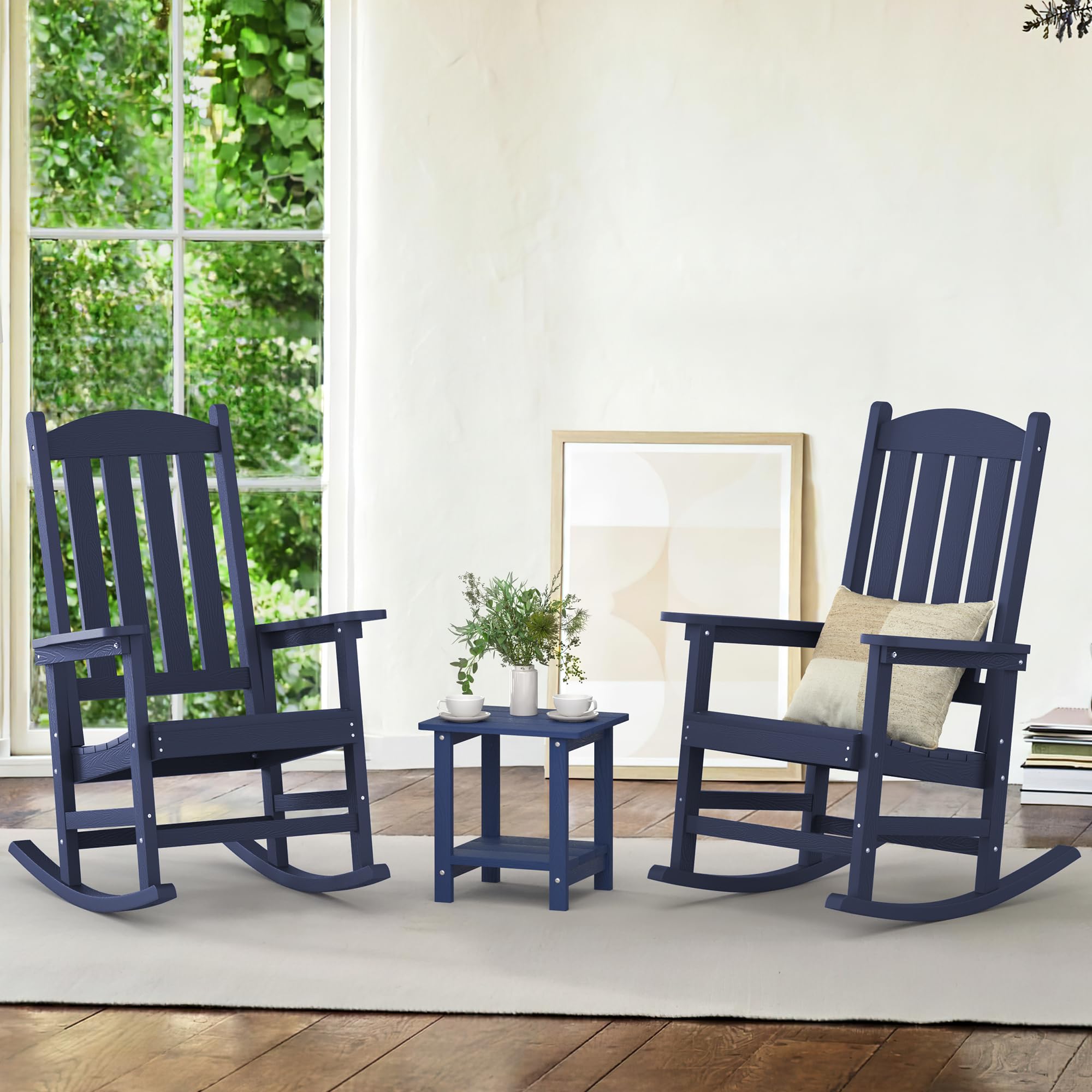 Lue Bona Outdoor Rocking Chair, Hdps Poly Rocking Chair, All Weather Resistant Plastic Outdoor Indoor Porch Rocker, Heavy Duty Rocking Chair For Patio, Lawn, Garden, 300Lbs, Midnight Blue