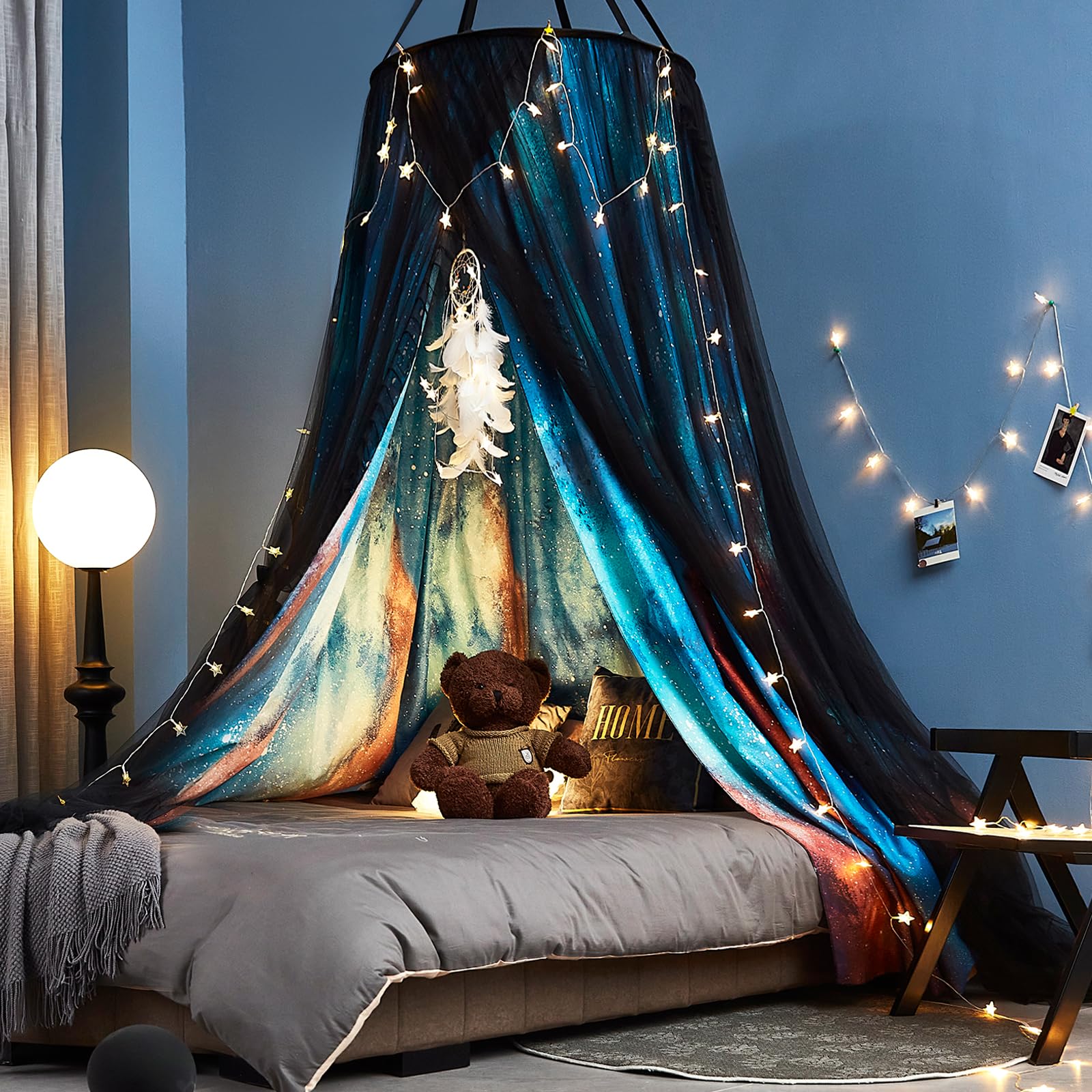 Kertnic Gorgeous Aurora Printed Bed Canopy For Girls & Adults, Room Decorative Cozy Bed Curtain Canopy Drapes, Round Dome Luxuri