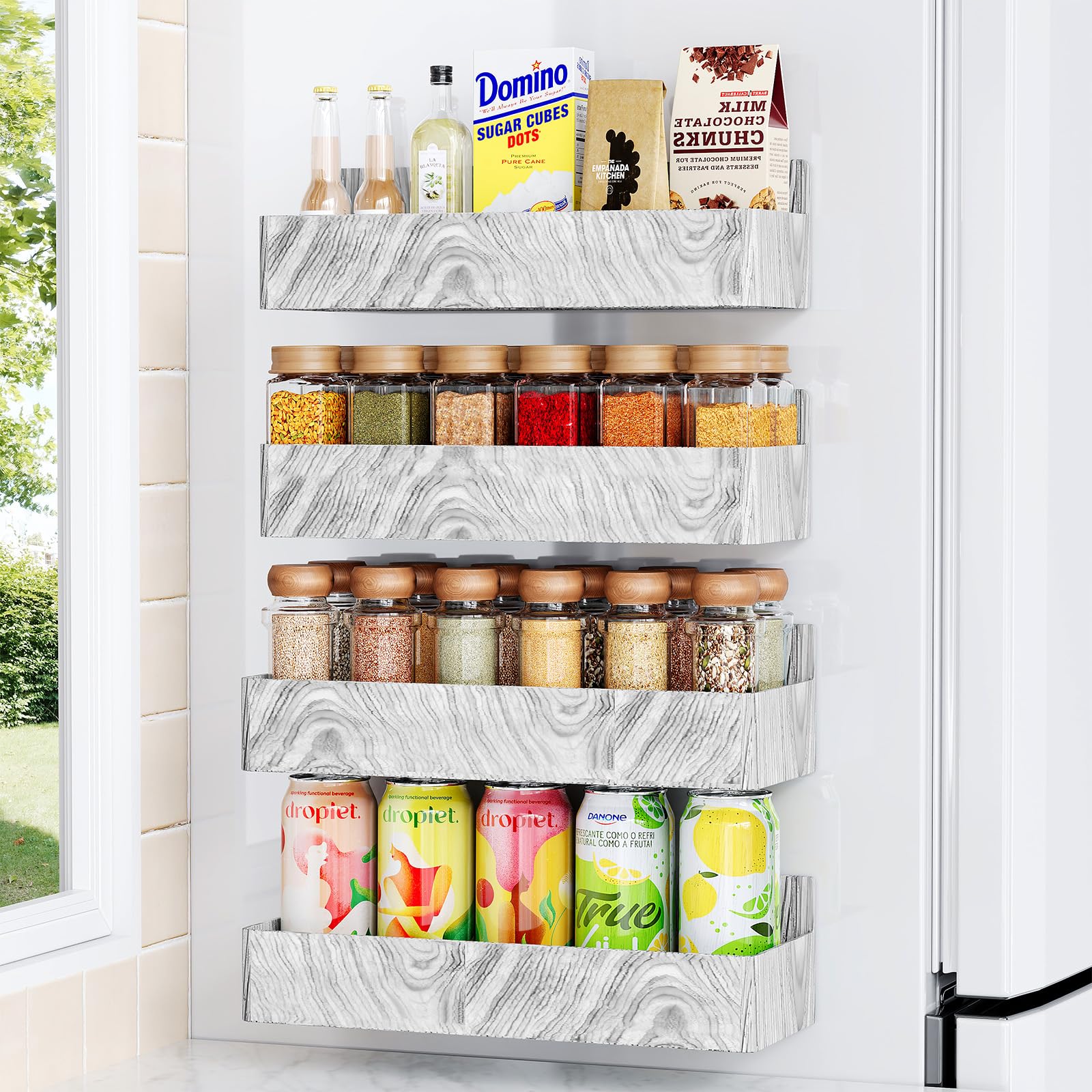 Mystozer Magnetic Spice Rack for Refrigerator, Kitchen Organizer and Storage Shelf, Wood White(4 Pack)