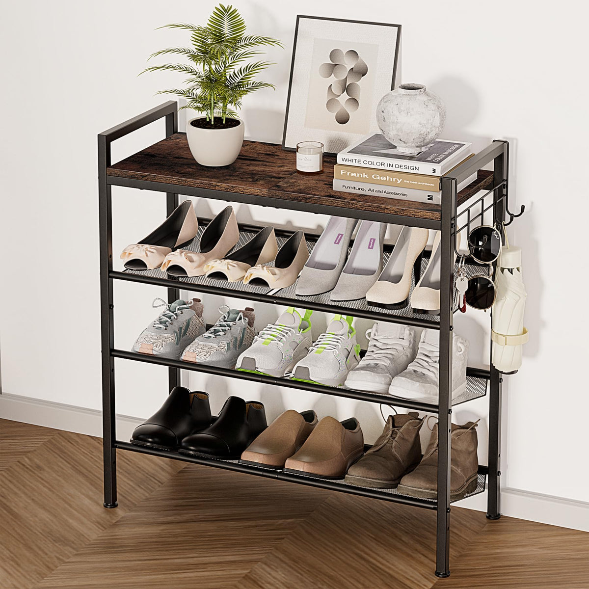 neatevday 4 Tier Shoe Rack, Shoe Rack for Entryway with Hook, Shoe Organizer with Adjustable Mesh Shelves, Metal Shoe Storage, C